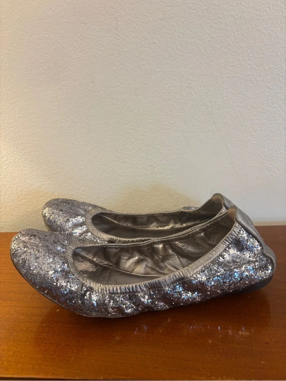 Tory Burch Eddie Pewter Leather Glitter Ballet Flats